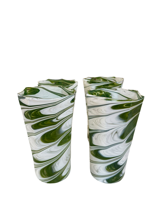 Set of 4 Tall Avocado/White Marbled Octagonal Twist Glasses