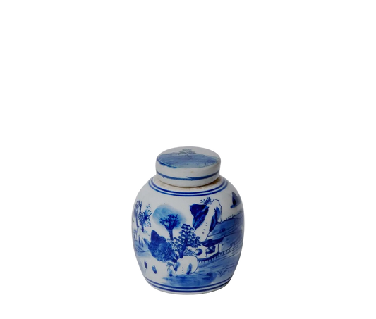 Blue & White Mini Landscape Round Storage Jar