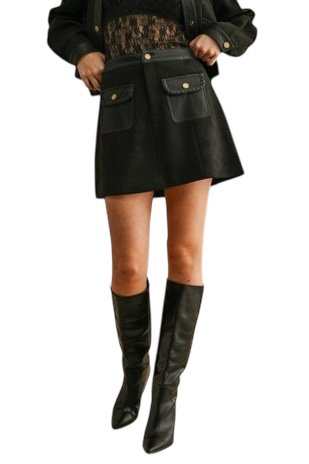 Suede / Faux Leather Patch Pocket Skirt