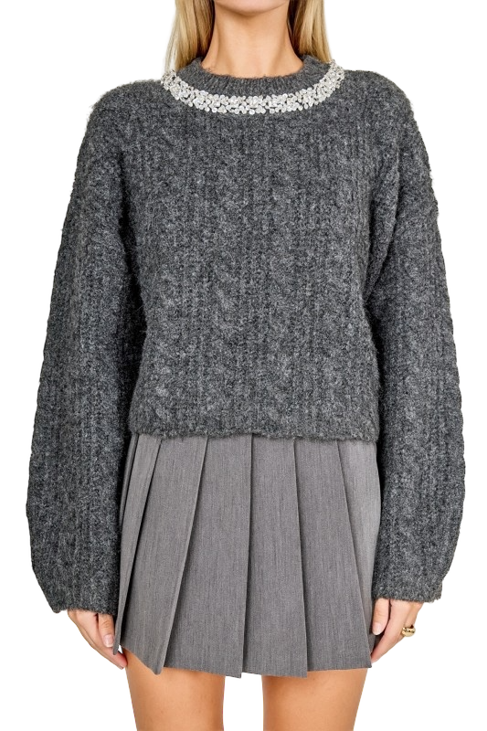 Jewel Embroidered Cable Knit Sweater