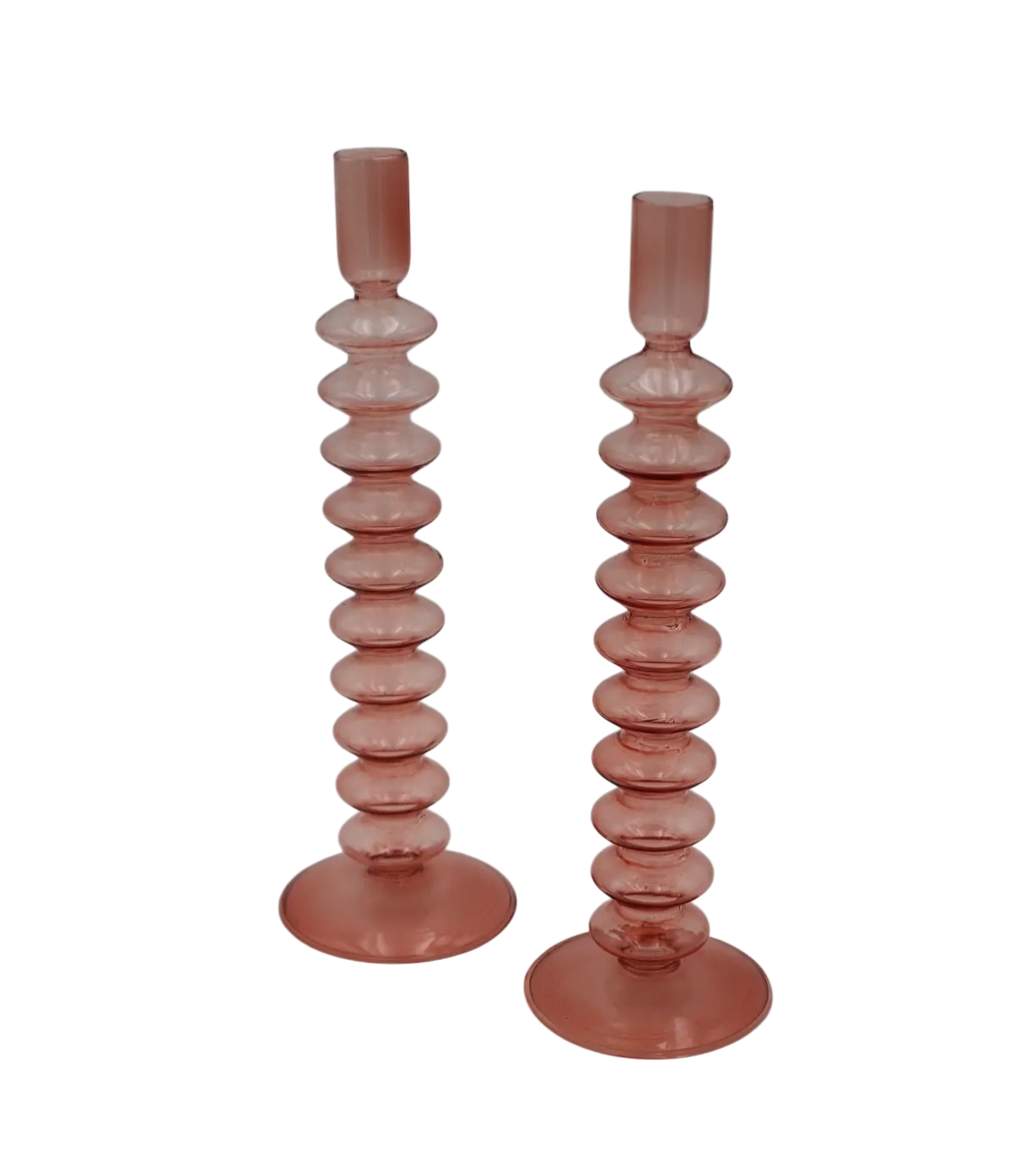 Pink Ribbed Candlestick Pair