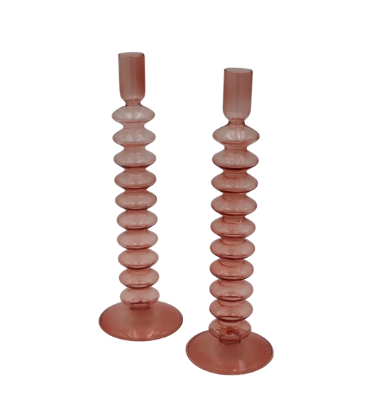 Pink Ribbed Candlestick Pair