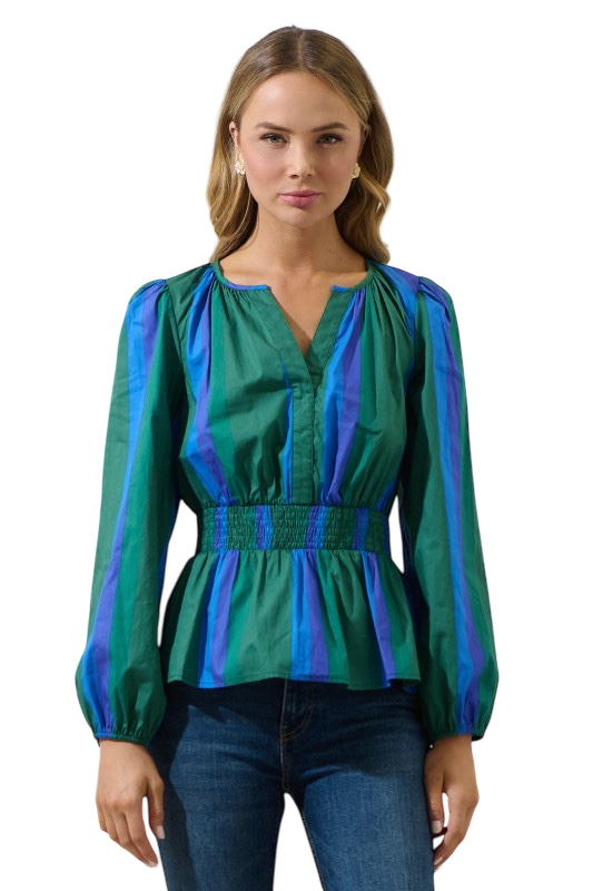 Blue & Green Smocked Stripe Top