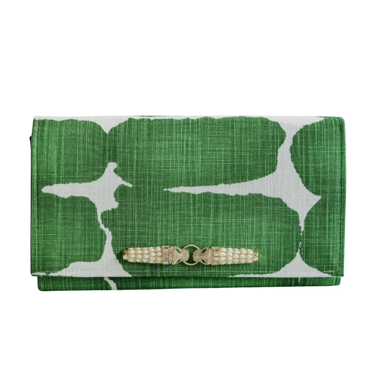 Green & White Clutch with Beaded Leopards