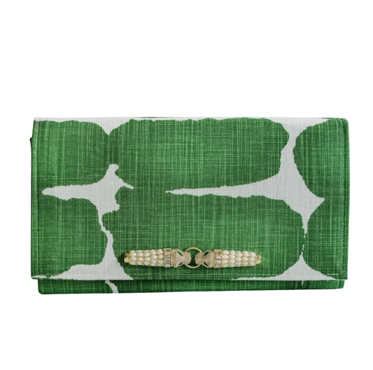 Green & White Clutch with Beaded Leopards