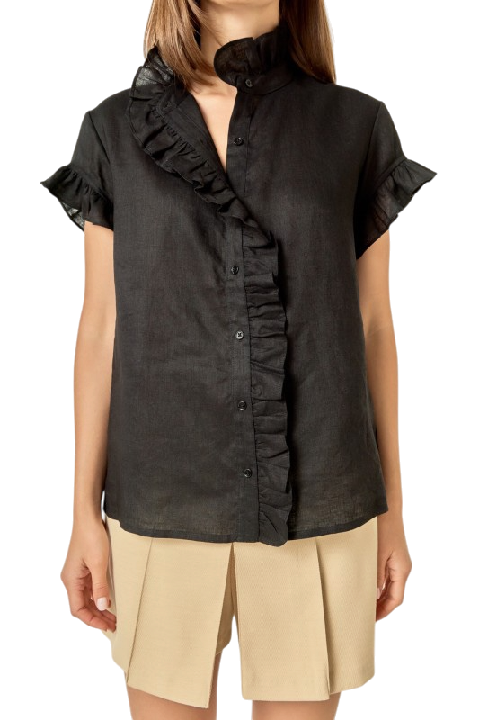 Linen Ruffle Shirt - Black