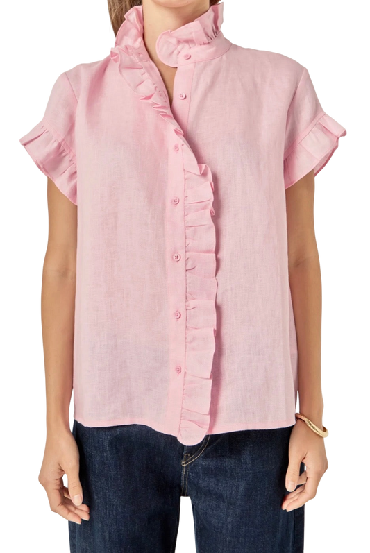 Linen Ruffle Shirt- Light Pink