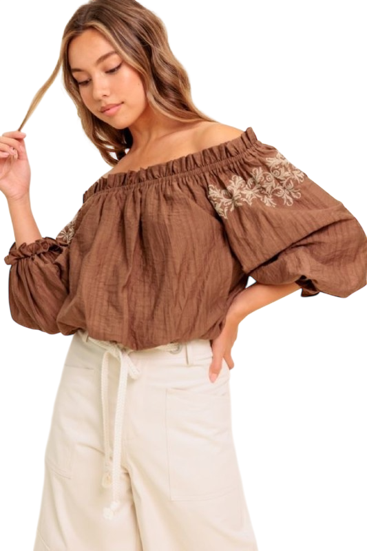 Embroidered Off Shoulder Top - Chocolate