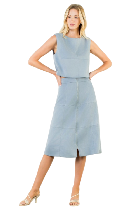 Blue Suede Zip Front Skirt