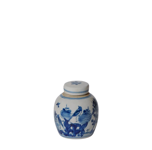 Blue & White Mini Bird and Flower Round Jar