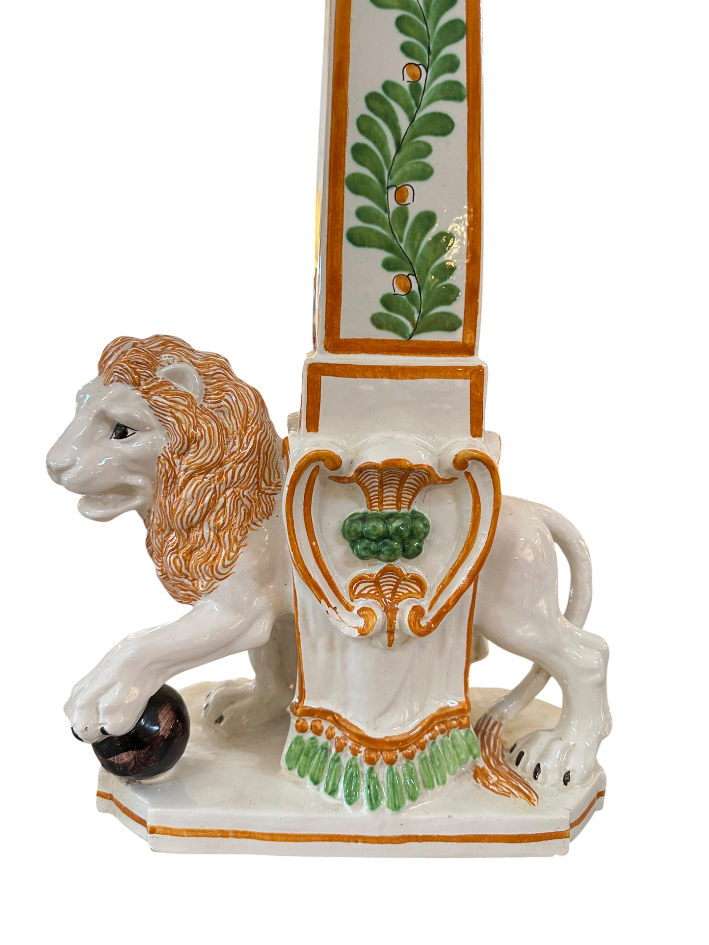 Pair of Italian Majolica Lion Obelisks