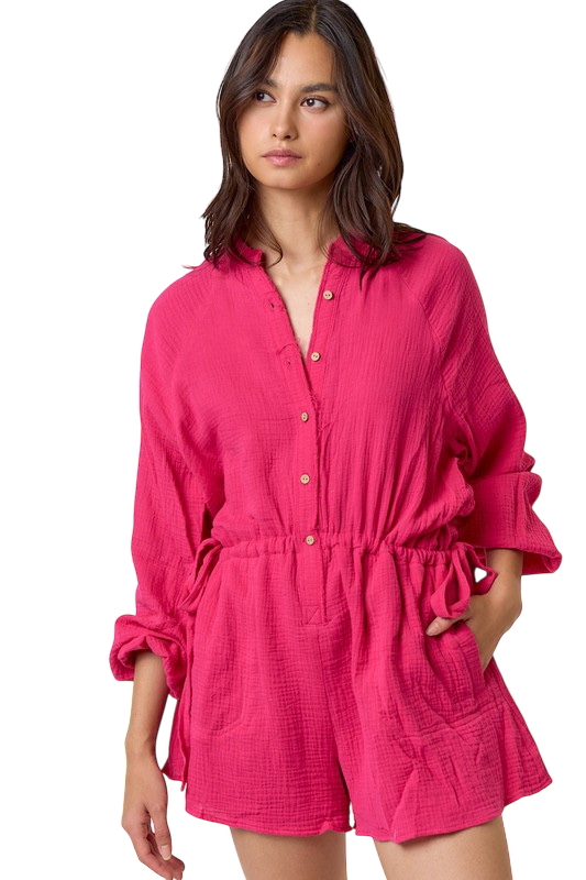 Hot Pink Gauze Button Up Romper
