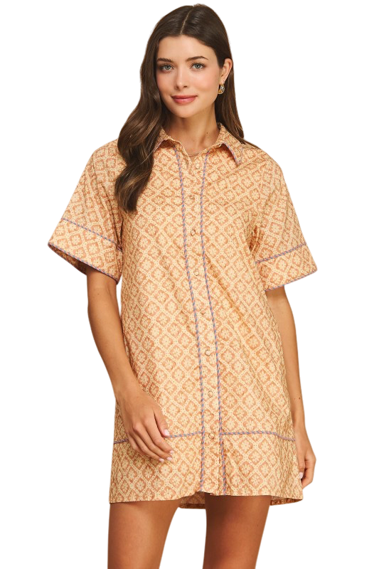 Floral Shirt Mini Dress w/ Piping