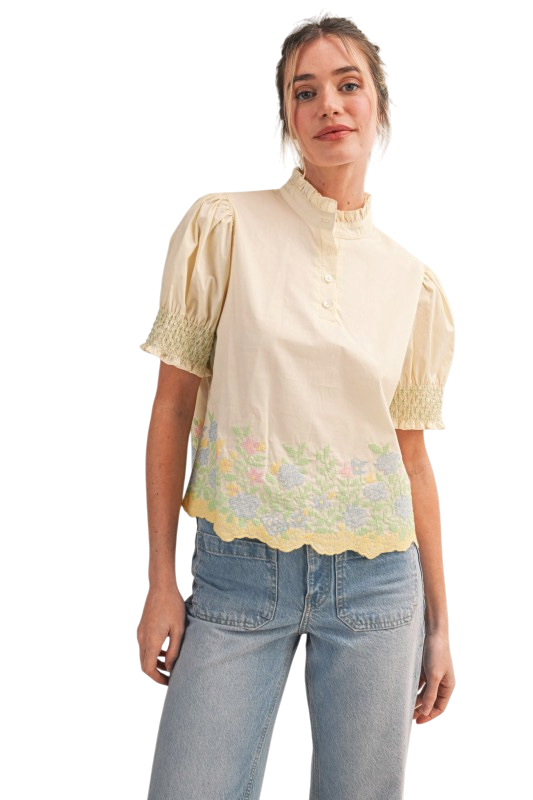 Floral Embroidered Smocked Top