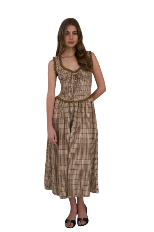 Plaid Smocked Lace Trim Midi