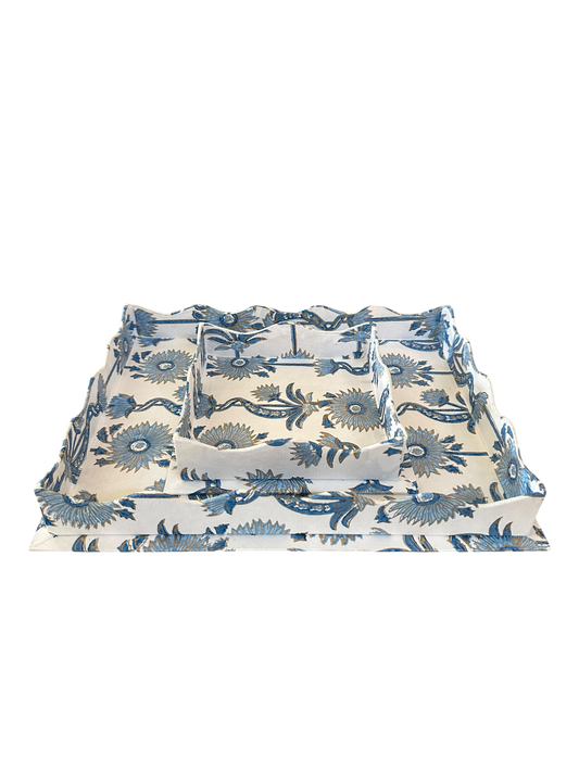 Scalloped Floral Vines Tray Set - Blue