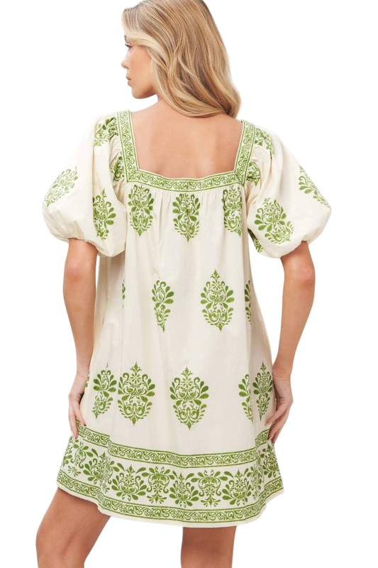 Puff Sleeve Border Print Mini