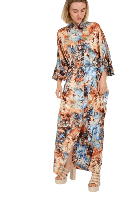 Tie Dye Print Belted Maxi Shirt Dress