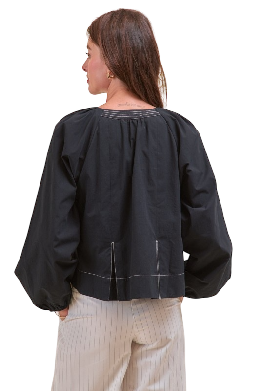 Contrast Stitch Pleated Blouse - Black
