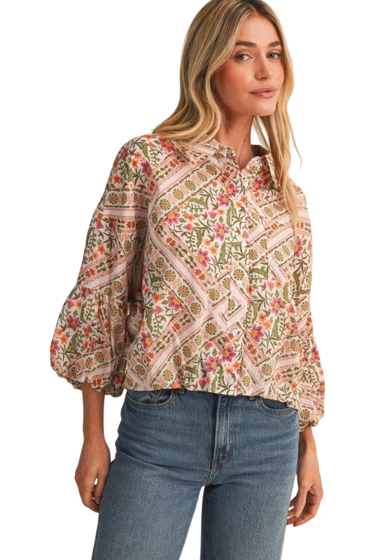 Abstract Floral Bubble Sleeve Top
