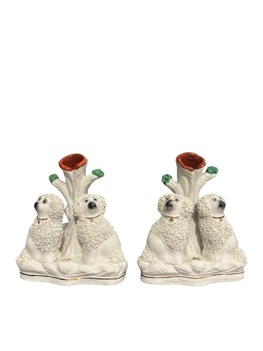 Pair of Staffordshire Sanded Poodle Spill Vases