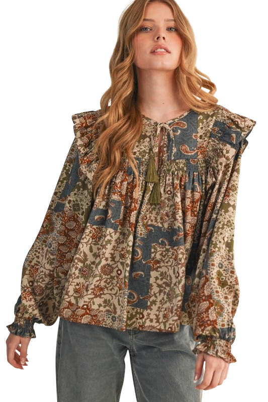 Patchwork Print Smocked Ruffle Blouse