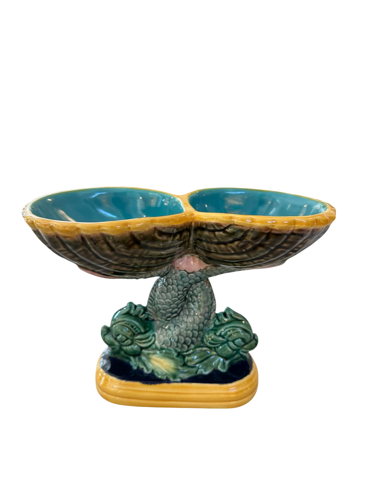 Vintage Majolica Dolphin Fish Double Shell Compote