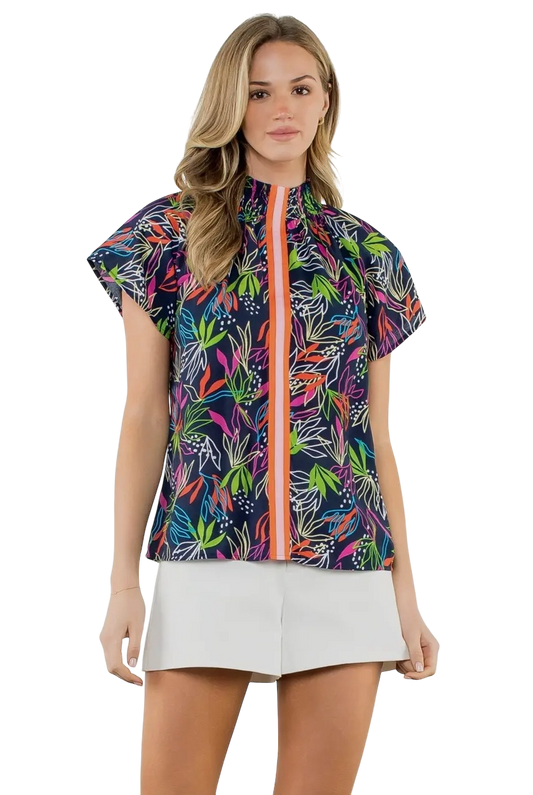 Smocked Neck Multicolor Leaf Print Top