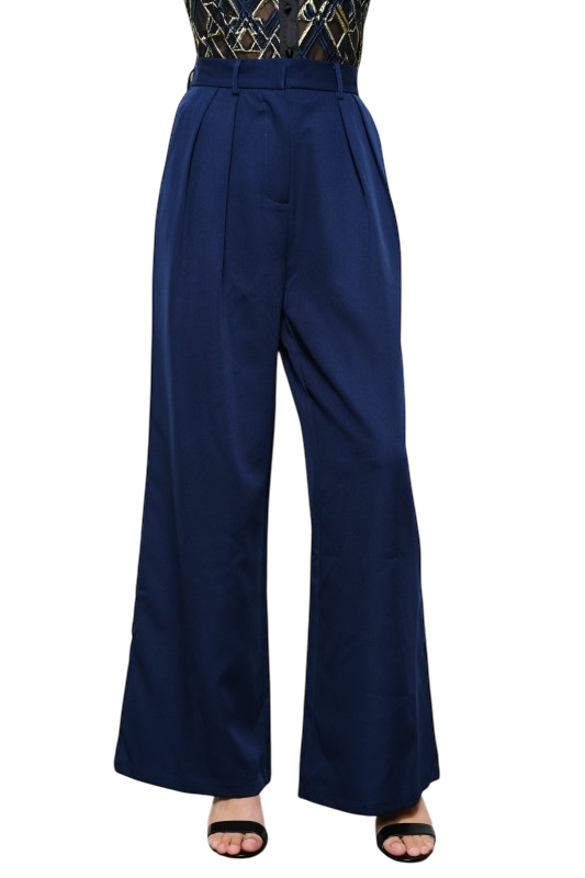 High Waist Pleated Wide Leg Pants - Navy
