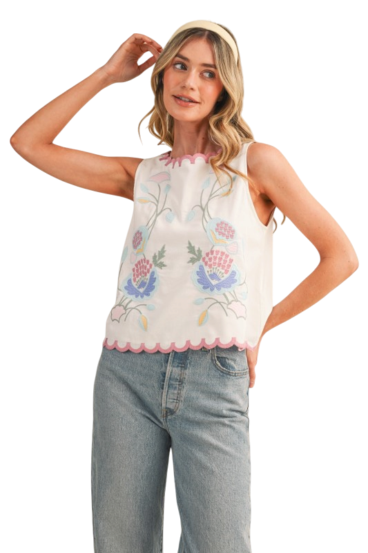 Floral Embroidery Scalloped Tank - Off White