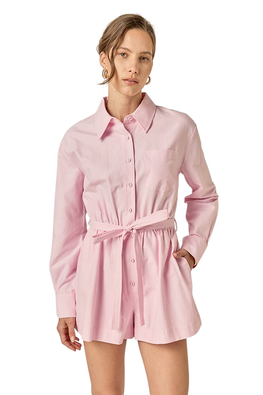 Oxford Belted Romper - Pink