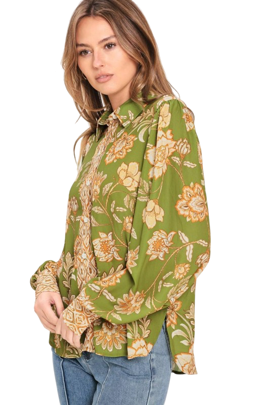 Olive Floral Button Up Top