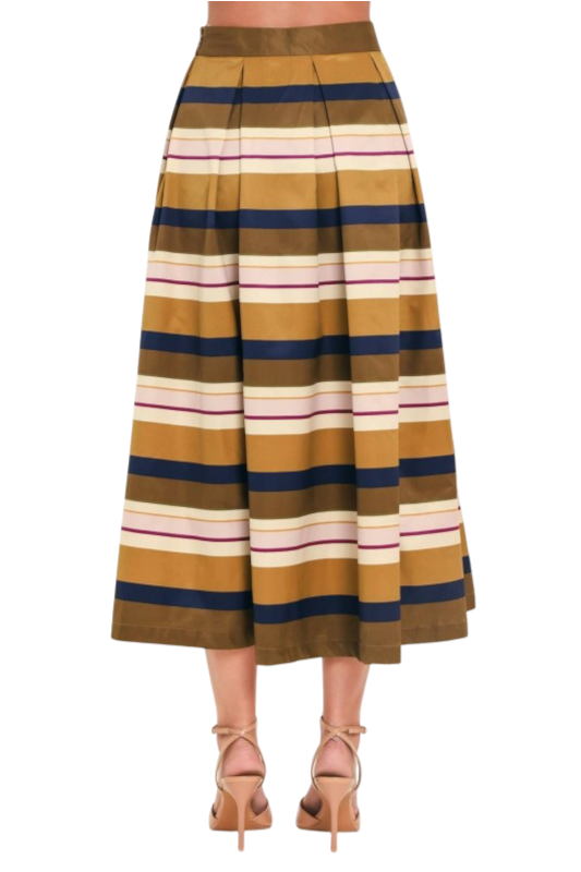 Camel & Navy Stripe Midi Skirt