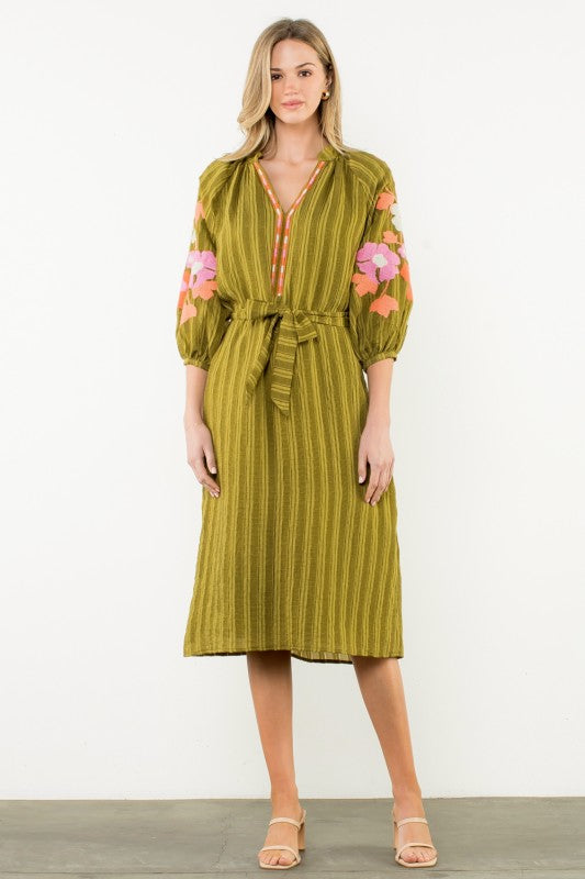 Embroidered Puff Sleeve Stripe Dress