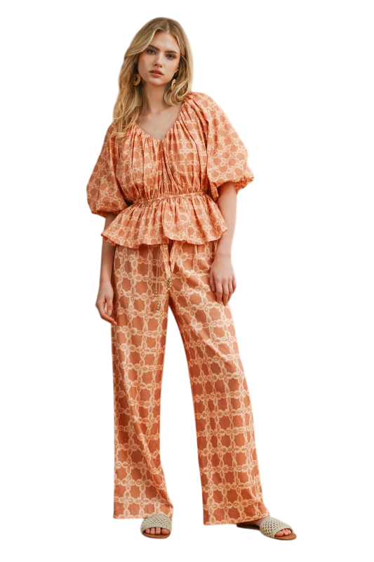 Geometric Belted Wide Leg Pants