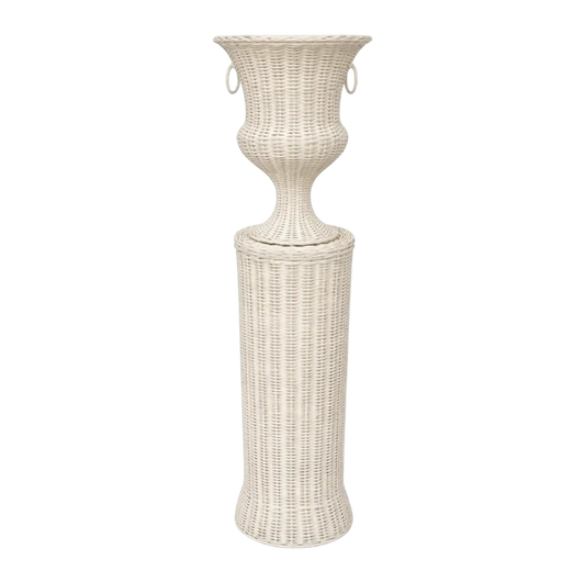 White Round Wicker Urn & Pedestal