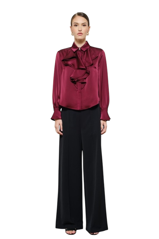 Satin Ruffled Bell Sleeve Blouse - Wine