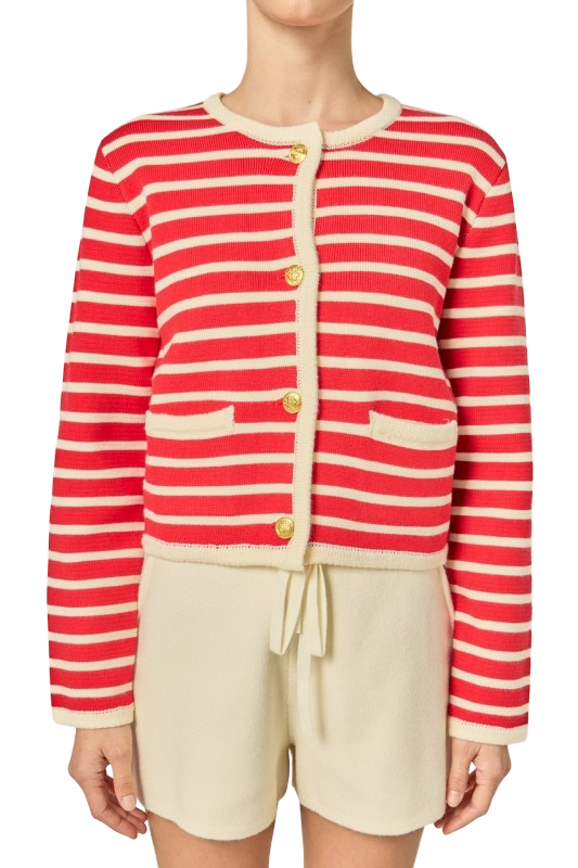 Knit Striped Sweater Cardigan - Red/White