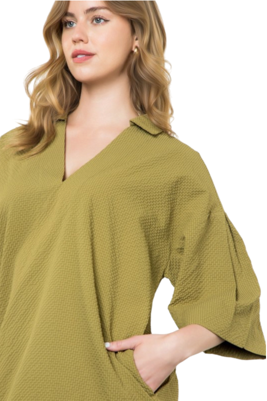 Textured Olive Short Sleeve Dress