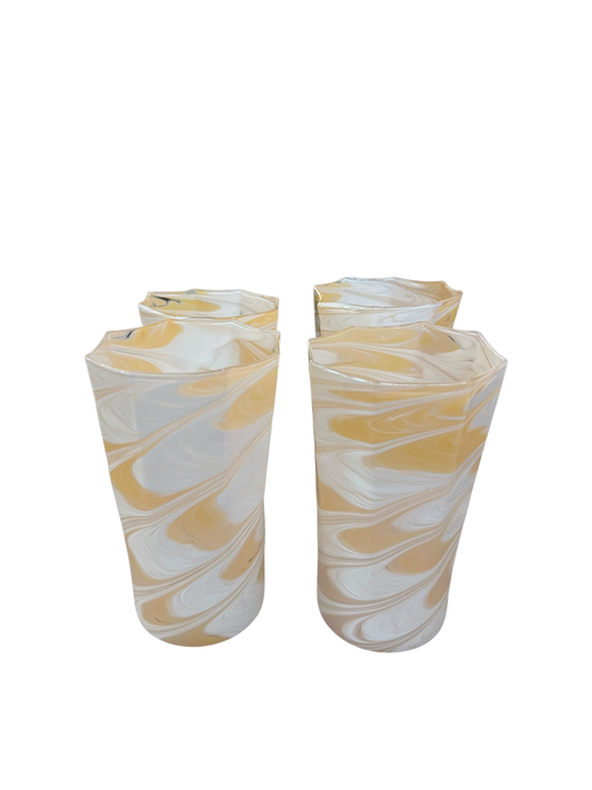 Set of 4 Tall Apricot/White Marbled Octagonal Twist Glasses