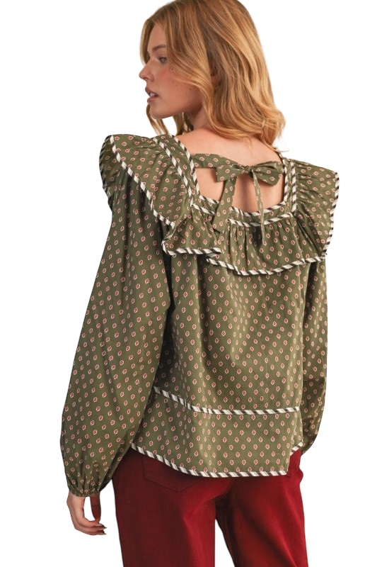 Ruffled Yoke Long Sleeve Top in Olive