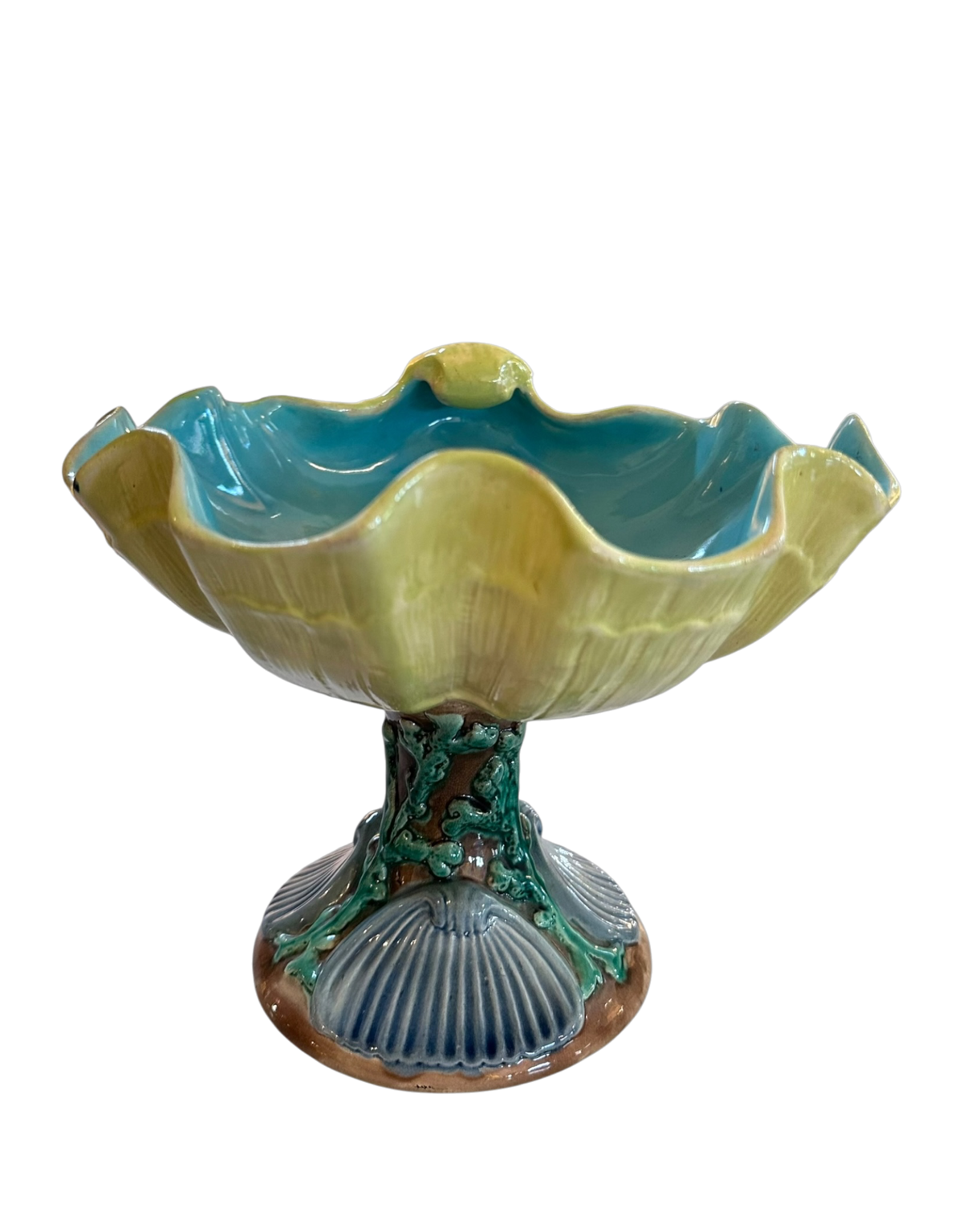 Vintage Majolica Pedestal Shell Compote
