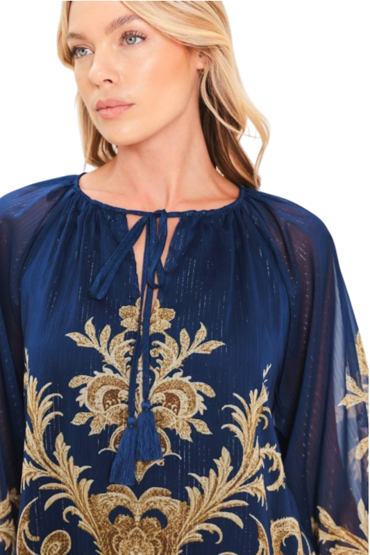 Navy & Brown Tie Front Blouse