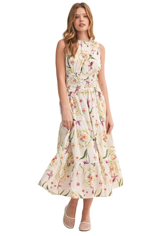 Yellow & Lilac Floral Smocked Waist Midi