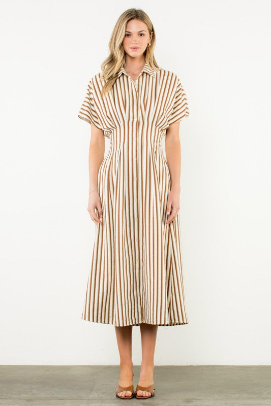 Striped Pintuck Button Up Midi