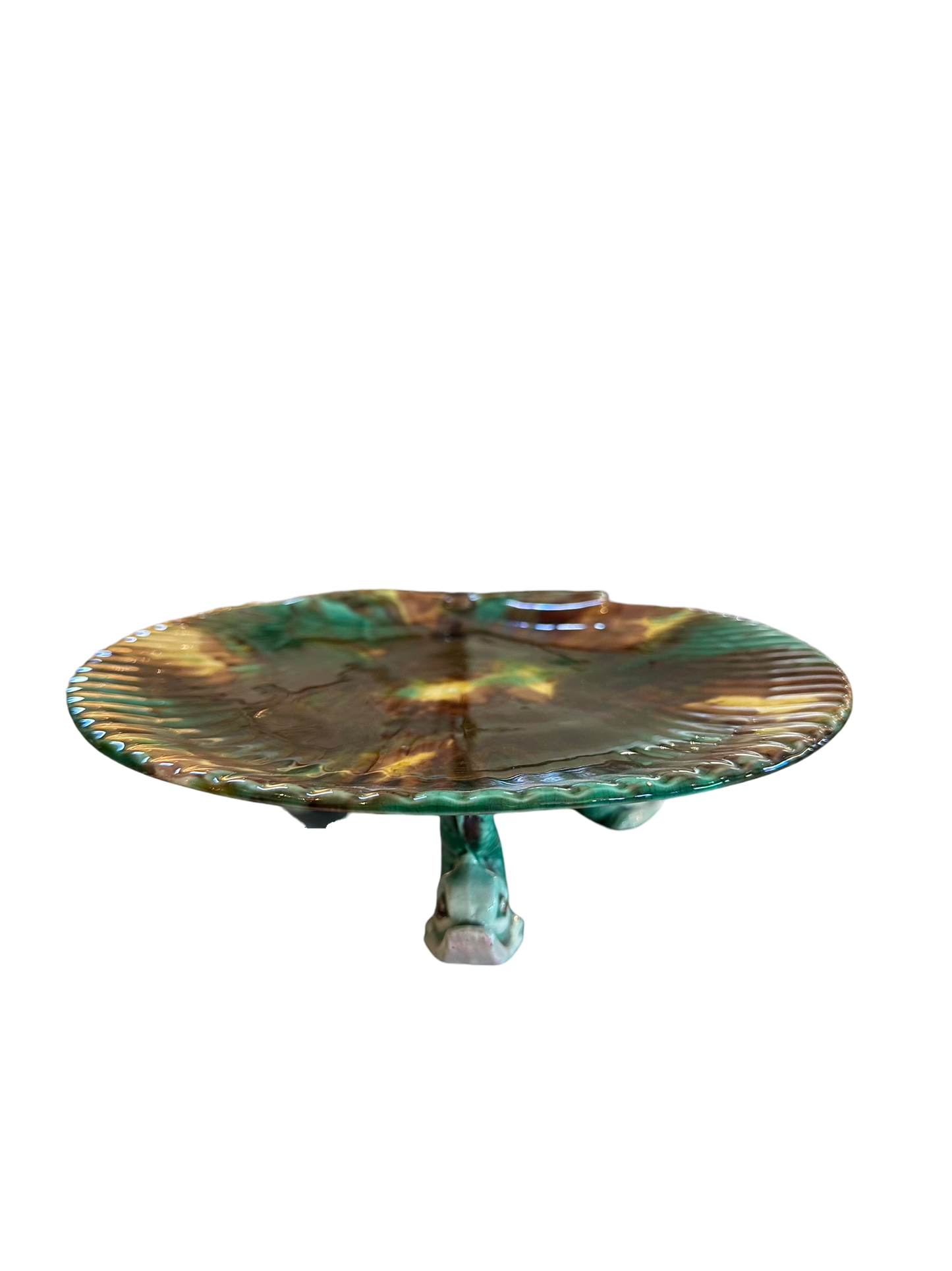 Vintage Majolica Dolphin Fish & Shell Cake Stand
