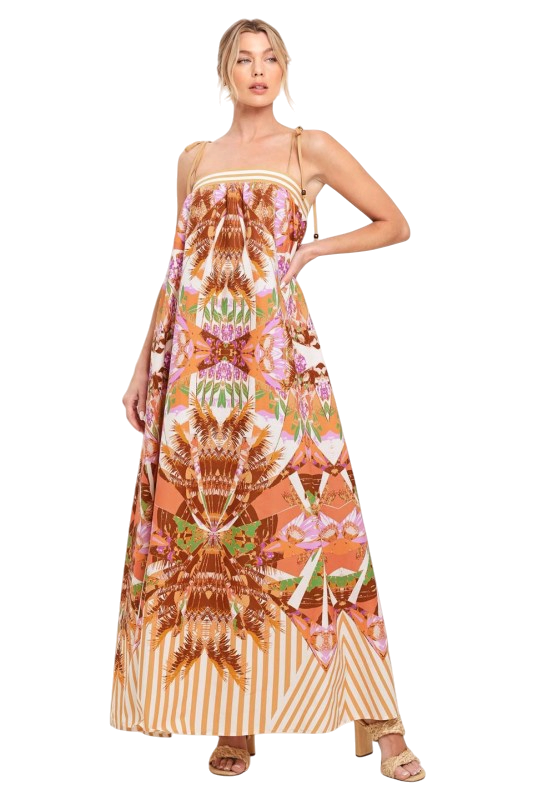 Abstract Stripes Tie Shoulder Maxi
