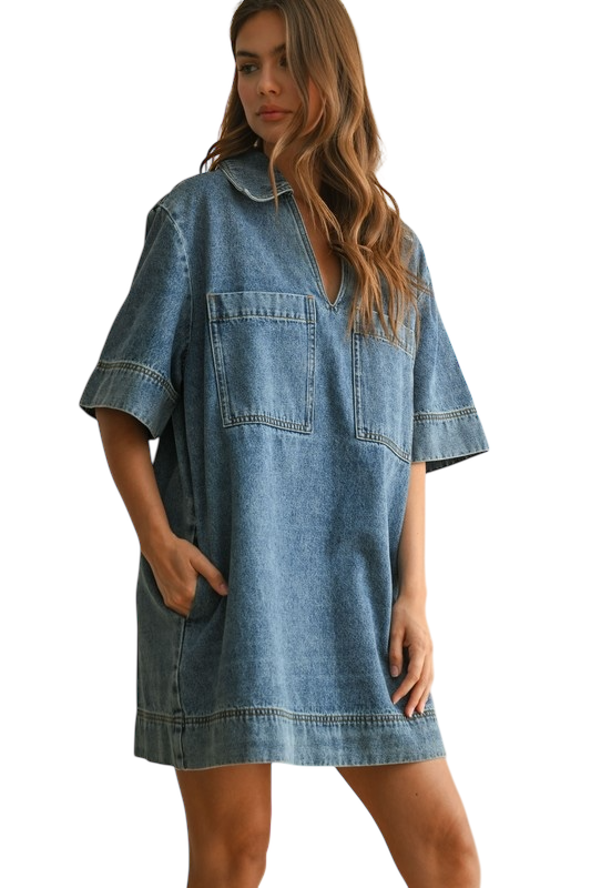 Collared Patch Pocket Denim Shift