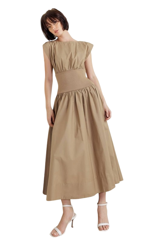 Elastic Waist Midi Dress - Mocha
