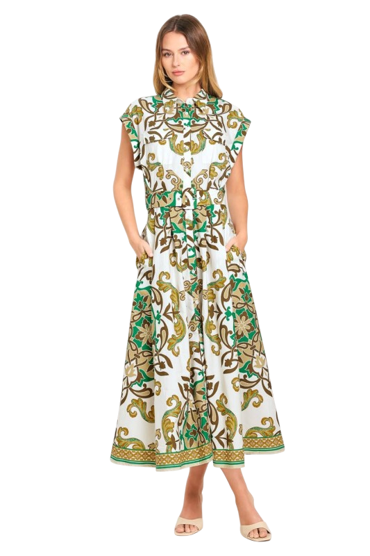 Green Multicolor Border Print Midi
